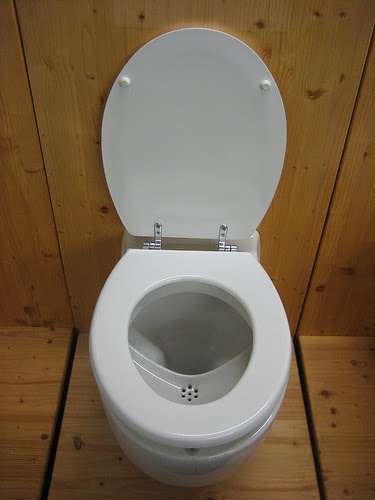 White composting toilet with open lid