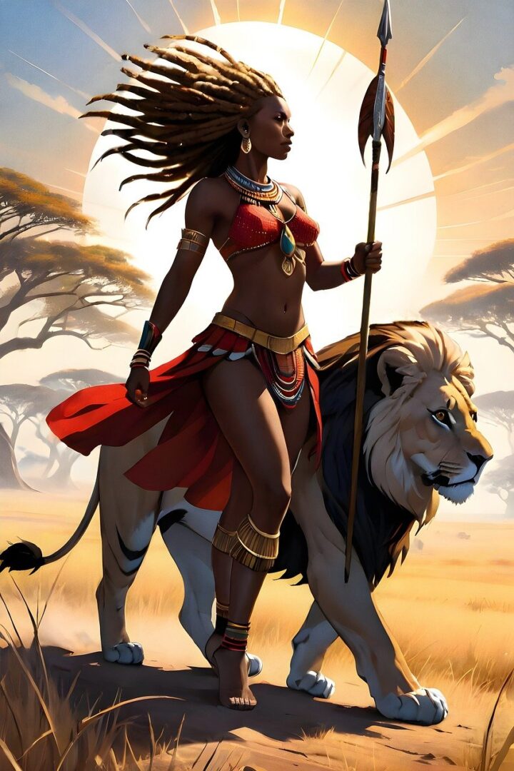 Female warrior with spear and lion at sunset