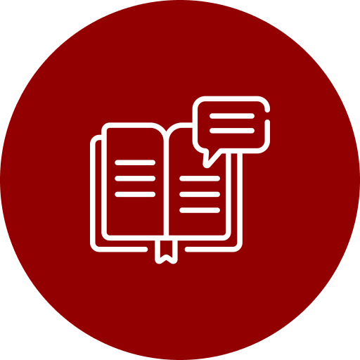 Open book with speech bubble icon.