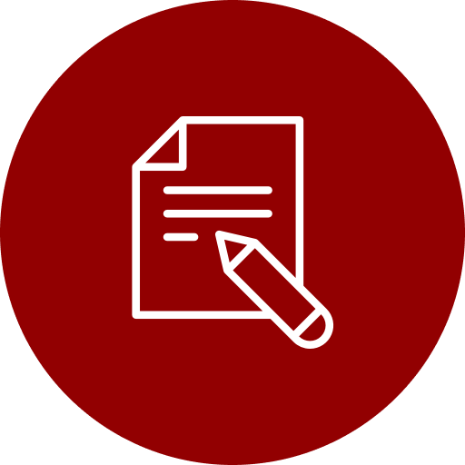 Document and pencil icon on red circle.