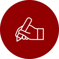 Hand holding pencil icon on red circle
